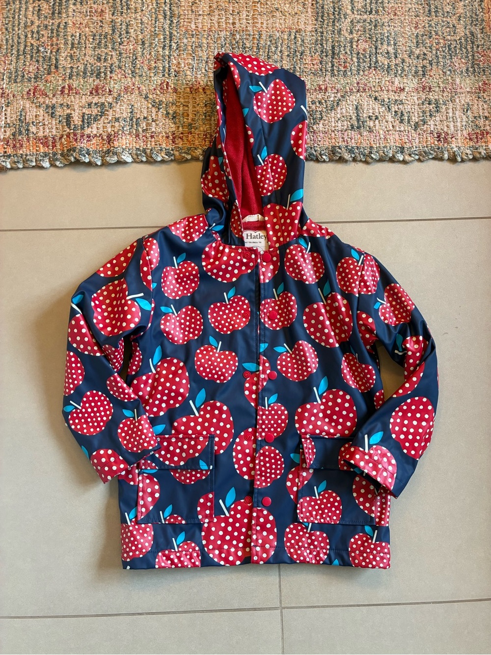 Hatley Navy and Red Apple Print Hooded Rain Jacket